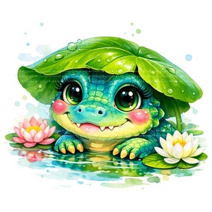 May include: A watercolor illustration of a cute, cartoon alligator with large green eyes, rosy cheeks, and a friendly smile. The alligator is under a large green leaf, with two water lilies in the water. The image has a whimsical, playful feel.
