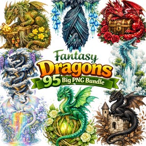 Op de afbeelding: Een verzameling van negen kleurrijke fantasiedrakenillustraties. De draken worden afgebeeld in verschillende poses en omgevingen, waaronder een schatkist, een waterval en een kasteel. De tekst "Fantasy Dragons 95 Big PNG Bundle" is ook aanwezig.
