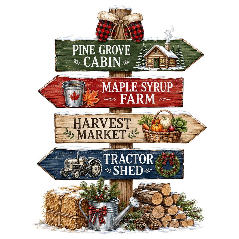 May include: A wooden signpost with four directional arrows featuring winter scenes. Signs read Pine Grove Cabin, Maple Syrup Farm, Harvest Market, and Tractor Shed. Decorations include red plaid mittens, a hay bale, a metal bucket, and logs.