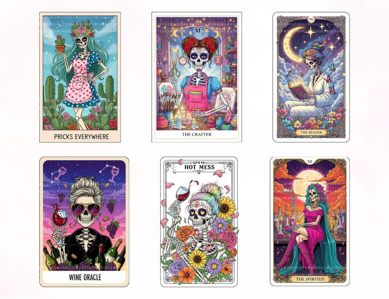 Puede incluir: Seis tarjetas rectangulares estilo tarot con figuras de esqueletos. Las tarjetas muestran el texto: PRICKS EVERYWHERE, THE CRAFTER, THE READER, WINE ORACLE, HOT MESS y THE SPIRITED. Cada tarjeta representa un esqueleto con ropa colorida y varios objetos como cactus, materiales de arte, libros, copas de vino, flores y botellas.
