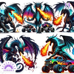 14 Clipart dragon cracheur de feu, Monster Truck Sublimation PNG, art fantastique épique, téléchargement numérique pour les garçons, usage Commercial