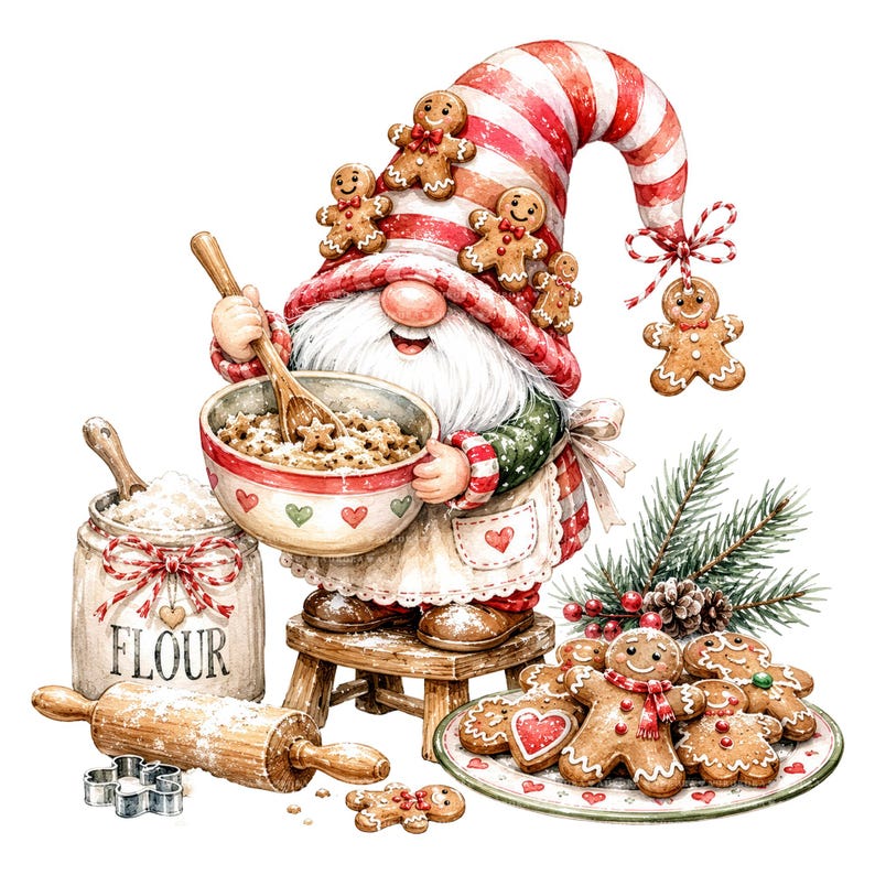 May include: A watercolor illustration of a gnome wearing a red and white striped hat decorated with gingerbread cookies. The gnome holds a mixing bowl and stands on a stool next to a flour jar, a rolling pin, and a plate of gingerbread cookies.