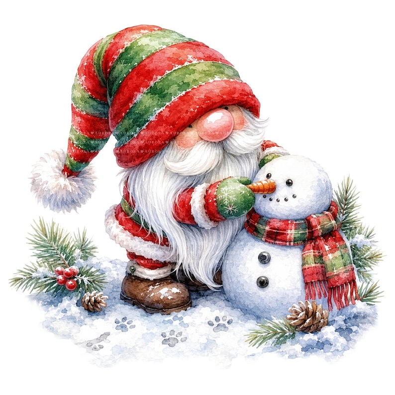 May include: A watercolor illustration of a gnome with a long white beard wearing a red and green striped hat, red coat, and brown boots, placing an orange carrot nose on a small snowman wearing a red and green plaid scarf in the snow.