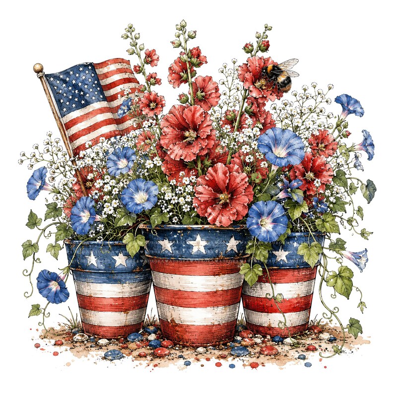 22 Rustic Patriotic Floral Bouquets PNG, 4th of July Watercolor Clipart ...