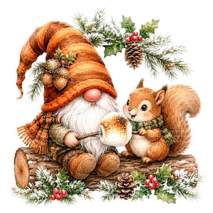May include: A gnome with a long white beard and a striped orange hat sits on a log next to a squirrel. Both wear scarves and hold a toasted marshmallow on a stick. The scene is decorated with pine branches, holly berries, and pinecones.