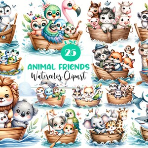 Aquarell Tierfreunde Clipart, niedliche Tierfreunde in Booten Clipart, Entzückende Tiergrafiken, Sublimation PNG, kommerzielle Nutzung