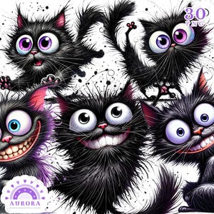 May include: A digital illustration featuring five cartoon black cats with exaggerated features. Each cat has large, expressive eyes in various colors, including purple and blue, and wide, toothy grins. The cats are set against a white background with black paint splatters.
