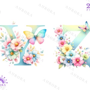 Pu&ograve; includere: Due lettere, Y e Z, ad acquerello, decorate con fiori e farfalle colorati. Le lettere sono di colore azzurro chiaro e i fiori sono rosa, gialli, blu e verdi.