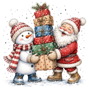 May include: A snowman wearing a red and white knit hat and scarf with blue boots stands beside a laughing Santa Claus in a red suit and brown boots. Together they hold a tall stack of five wrapped gift boxes decorated with festive patterns.