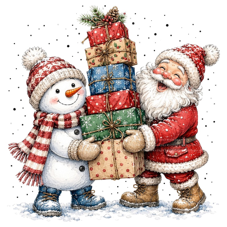 May include: A snowman wearing a red and white knit hat and scarf with blue boots stands beside a laughing Santa Claus in a red suit and brown boots. Together they hold a tall stack of five wrapped gift boxes decorated with festive patterns.