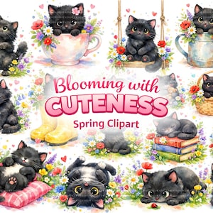 Paquete PNG de gato negro en acuarela, clipart de gatito con flores de primavera, arte mural de flores silvestres para guardería, sublimación