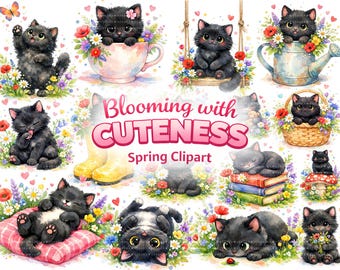 Watercolor Black Cat PNG Bundle, Spring Floral Kitten Clipart, Wildflower Nursery Wall Art, Sublimation