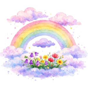 Puede incluir: Ilustración en acuarela de un arcoíris con colores pastel, incluyendo rosa, amarillo y verde. Nubes esponjosas rodean el arcoíris, y un lecho de flores en tonos morados, amarillos y rojos se encuentra debajo.