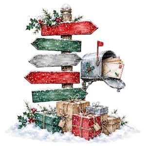 May include: A wooden signpost with alternating red and green directional arrows topped with holly, next to a silver mailbox filled with envelopes. Below, a collection of wrapped gift boxes in red, green, and brown sits on a snowy base.