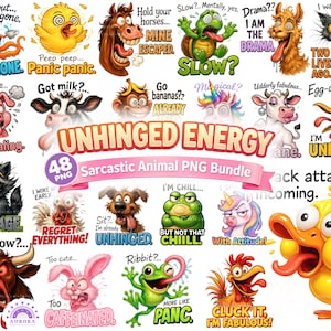 Pacote de PNGs engraçados e sarcásticos sobre saúde mental, design de sublimação com citação de meme de animal desequilibrado, download digital