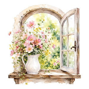 Op de afbeelding: Een aquarelillustratie van een witte keramische kan gevuld met roze en gele bloemen op een houten vensterbank. Een open boogvormig raamkozijn met een donkere metalen handgreep staat achter de kan en onthult een zachte groene tuin op de achtergrond.