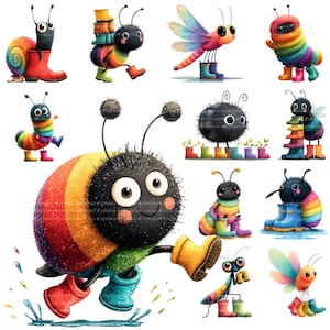 Könnte beinhalten: Eine Sammlung skurriler Cartoon-Insekten, darunter eine Schnecke, eine Raupe und eine Libelle, die alle bunte Gummistiefel tragen. Die Insekten sind in einem lebendigen, verspielten Stil mit einem Regenbogenfarbschema dargestellt, ideal für Kinderdekorationen oder Bastelarbeiten.