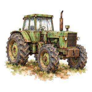 May include: A watercolor illustration of a weathered green tractor with visible rust patches, large black treaded tires, a tall exhaust pipe, and a glass-enclosed cabin. The tractor is positioned on a patch of green grass and brown earth.