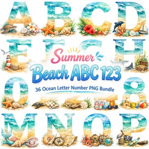 36 sommarstrandalfabetbokstäver PNG-paket, sublimeringsclipart, tumblerdesigner, omedelbar nedladdning