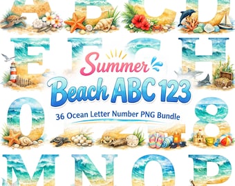36 Summer Beach Alphabet Letters PNG Bundle, Sublimation Clipart, Tumbler Designs, Instant Download