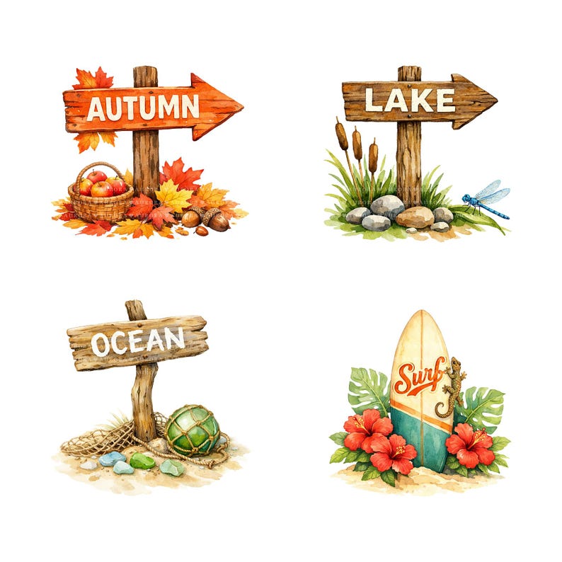 40 Watercolor Clipart, Directional Signpost PNG Bundle, Junk Journal ...