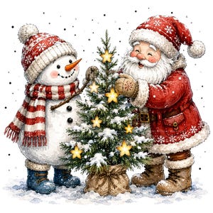 May include: A watercolor illustration of a snowman and Santa Claus decorating a small Christmas tree. The snowman wears a red and white knit hat and scarf with blue boots. Santa wears a red coat and hat with white fur trim and brown boots.