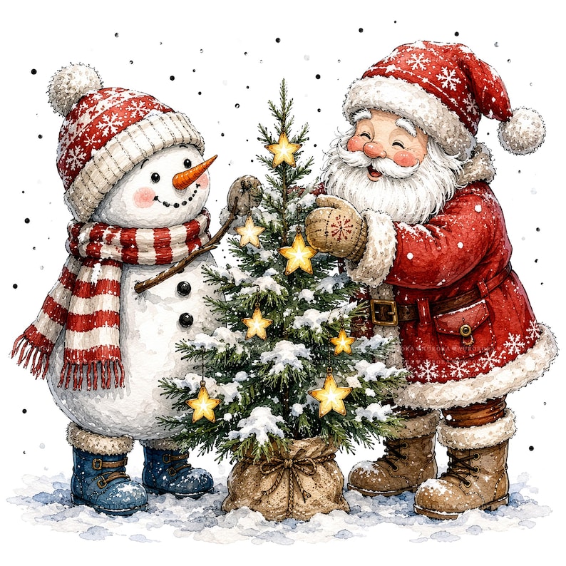 May include: A watercolor illustration of a snowman and Santa Claus decorating a small Christmas tree. The snowman wears a red and white knit hat and scarf with blue boots. Santa wears a red coat and hat with white fur trim and brown boots.