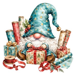 May include: A gnome with a long white beard wearing a teal hat with gold stars and a bell, sitting among wrapped gifts, rolls of patterned wrapping paper, and red ribbon. The gnome is holding a gift box wrapped in paper with a tree pattern.