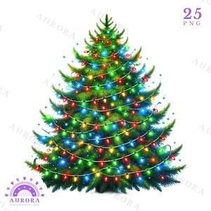 25 kerstboom clipart, feestelijke vakantie bomen met verlichting, aquarel kerstboom png, digitale download, commercieel gebruik