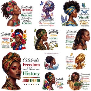 Può includere: Una collezione di arte digitale che celebra il Juneteenth. Ogni immagine presenta un ritratto di una donna nera con vivaci copricapi, adornati con fiori e farfalle. Il testo include frasi come "Celebra la libertà" e "Onora la nostra storia."