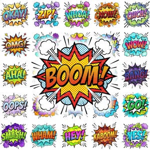 May include: A collection of twenty-five colorful comic book style speech bubbles featuring sound effects and exclamations including OKAY, ZIP, WHOA, NOW, OUCH, OMG, WOW, AHA, BANG, OOPS, BOOM, GO, SMASH, WHAM, HEY, KABOOM, and YES in bold lettering.