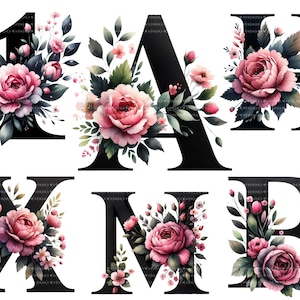 Puede incluir: Letras y un número negros adornados con arreglos florales de acuarela. Las letras incluyen A, B, H, M y X, y el número es 1. Cada carácter está decorado con rosas rosas, hojas verdes y pequeñas flores rosas.