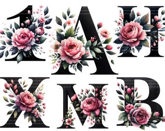 Watercolor Floral Alphabet Clipart, Flowers Letters Clipart, Botanical Monogram PNG, Digital Download