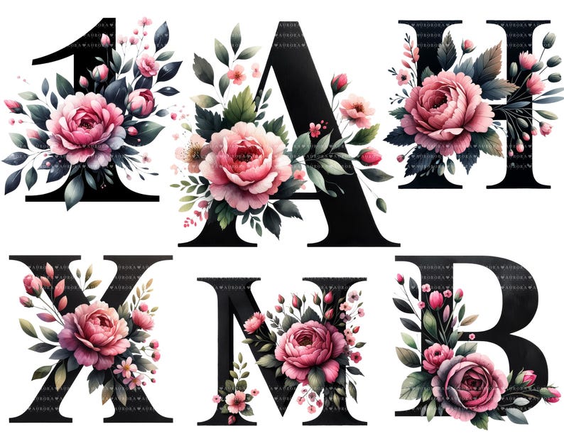 Op de afbeelding: Zwarte letters en een cijfer zijn versierd met aquarel bloemstukken. De letters zijn A, B, H, M en X, en het cijfer is 1. Elk karakter is versierd met roze rozen, groene bladeren en kleine roze bloemen.