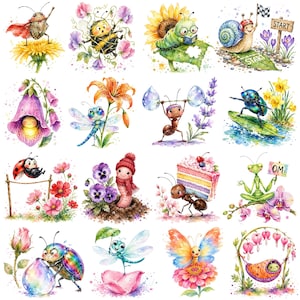 May include: A collection of whimsical watercolor illustrations featuring anthropomorphic insects and creatures. Each image showcases a different insect, such as a ladybug, bee, or ant, engaged in various activities, surrounded by flowers and plants.