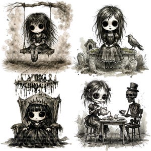 Könnte beinhalten: Eine Sammlung von vier Aquarellillustrationen mit Puppen im gotischen Stil. Die Puppen werden in verschiedenen Szenen dargestellt, darunter eine Schaukel, ein Friedhof, ein Thron und eine Teeparty mit einem Skelett. Das Kunstwerk ist hauptsächlich in Graustufen mit dunklen Akzenten gehalten.