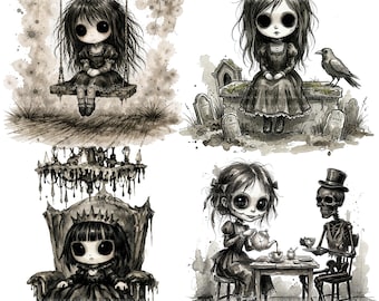 38 Creepy Gothic Doll Clipart Bundle, Dark Victorian Sublimation Designs, Junk Journal Printable PNG