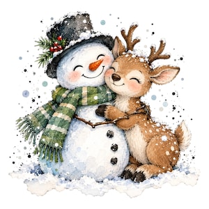 May include: A watercolor illustration of a white snowman wearing a black top hat with holly and a green plaid scarf, embracing a brown spotted deer with antlers. The scene features scattered snow and dark speckles on a plain white background.