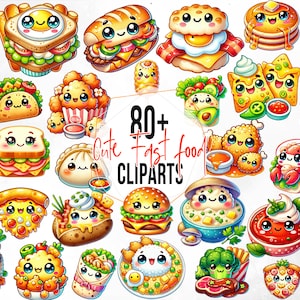 Cute Fast Food Clipart Bundle, 80+ High resolution, Street Food Clipart, Kawaii Food Illustrations, Printables, Commercial Use