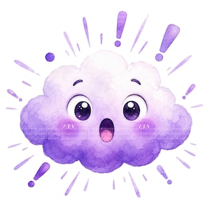 May include: A watercolor illustration of a fluffy purple cloud character with a surprised expression, featuring wide dark eyes, a small open mouth, and pink cheeks, surrounded by radiating purple exclamation marks and small dots.