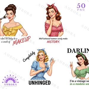 May include: A collection of five vintage-style illustrations of women in various poses. Each image features a woman with retro hairstyles and attire, accompanied by text such as "Makeup" and "History". The images are in a PNG format.