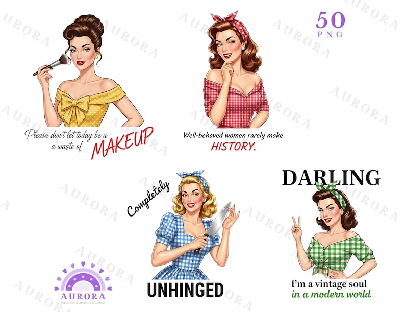 May include: A collection of five vintage-style illustrations of women in various poses. Each image features a woman with retro hairstyles and attire, accompanied by text such as "Makeup" and "History". The images are in a PNG format.