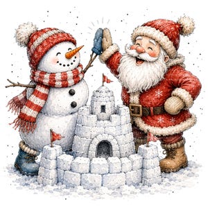 May include: A snowman wearing a red and white striped hat and scarf with blue boots and Santa Claus in a red coat and hat with tan boots high-fiving over a snow block castle with two small red flags on a white background with falling snow.