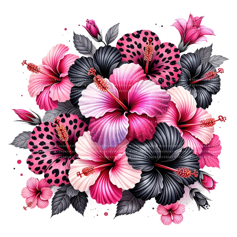 10 Pink Leopard Hibiscus PNG Bundle, Tropical Flower Clipart, Sublimation Digital Download image 4