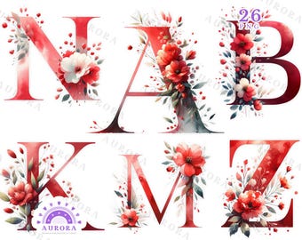 Watercolor Floral Alphabet Clipart, Spring Floral Letters PNG, Flowers, ABCD, Wedding Decor, Instant Download