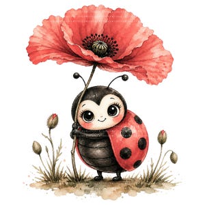 May include: A watercolor illustration of a cute ladybug holding a red poppy flower. The ladybug has a black body with red and black spotted wings. The poppy is large and vibrant, with a dark center. The image has a whimsical, cartoonish style.