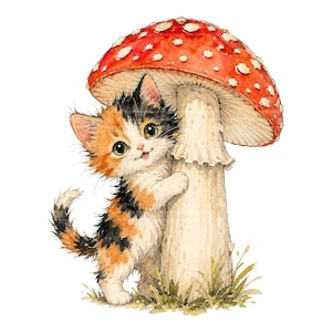 K&ouml;nnte beinhalten: Aquarellillustration eines Schildpatt-K&auml;tzchens neben einem gro&szlig;en roten und wei&szlig;en Pilz. Das K&auml;tzchen hat orangefarbenes, schwarzes und wei&szlig;es Fell und gr&uuml;ne Augen. Der Pilz hat einen roten Hut mit wei&szlig;en Punkten und einen beigen Stiel.