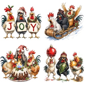 May include: A collection of four illustrations featuring chickens in holiday settings. One scene shows three chickens holding signs spelling JOY. Another depicts chickens on a wooden sled. A third shows chickens with a Christmas pudding. The last shows chickens with ornaments.