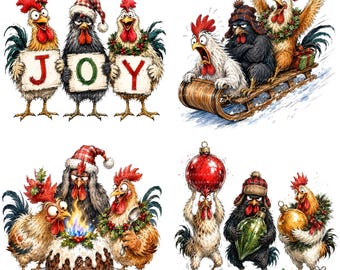 May include: A collection of four illustrations featuring chickens in holiday settings. One scene shows three chickens holding signs spelling JOY. Another depicts chickens on a wooden sled. A third shows chickens with a Christmas pudding. The last shows chickens with ornaments.