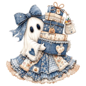 May include: A ghost figure wearing a large blue denim-style bow and a ruffled skirt with floral and gingham patterns. The ghost holds a stack of blue and cream gift boxes, a heart-shaped patch, and a small bag labelled Trick or Treat.